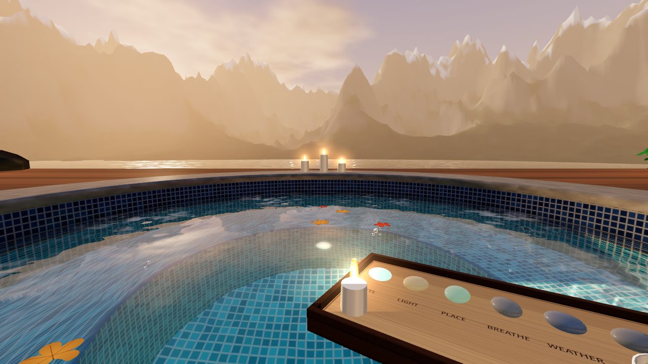 A tiled hot tub facing a mountain range at sunset